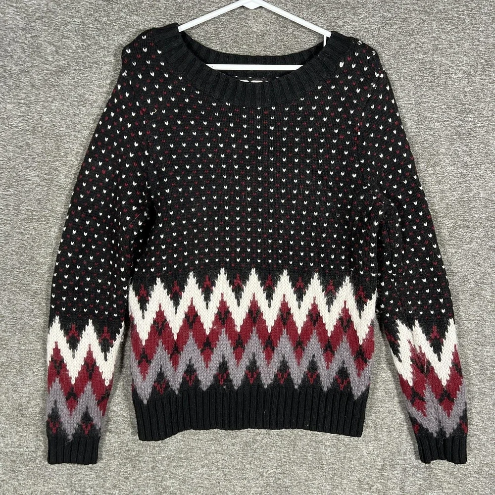 LL Bean Signature Sweater Womens Small Black Fair‎ Isle Wool Mohair Pullover